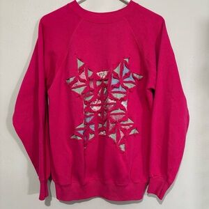 90s Vtg Pink Pullover Crewneck Sweatshirt Shredded Floral Details Size Lg
